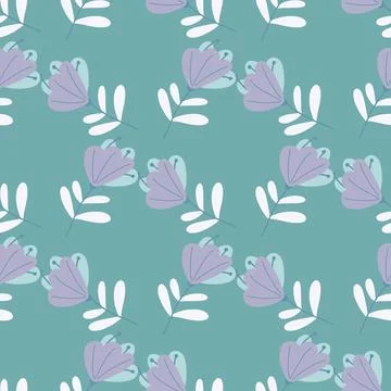 Cute purple scribble flowers elements seamless pattern. Blue background. Natu イラスト素材