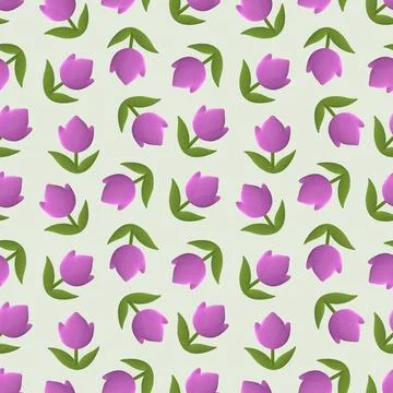 Cute Purple Tulip Seamless Pattern on Soft Sage Green Background 스톡 일러스트
