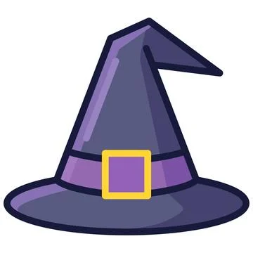 Cute purple witch hat flat outline icon for halloween magic. Stockillustratie