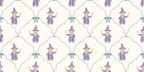 Cute purple witches pattern with bows on white background seamless design Stock Illustration