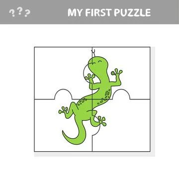 Cute puzzle game. Vector illustration of puzzle game with happy cartoon lizard Illustrazione stock