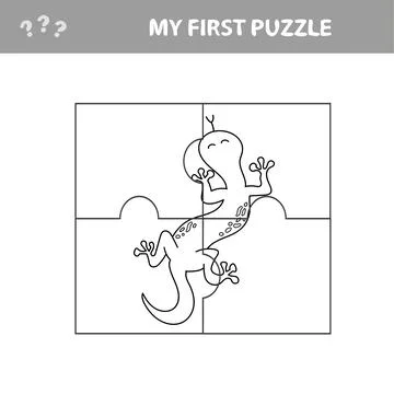 Cute puzzle game. Vector illustration of puzzle game with happy cartoon lizard Stock Illustration