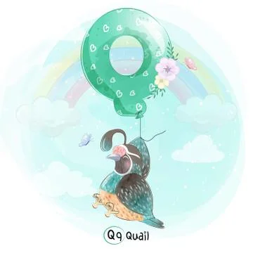 Cute quail with alphabet Q balloon illustration Stock Illustration