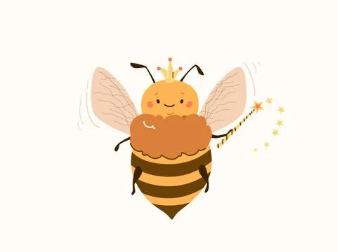 Cute Queen bee character vector illustration, Flying princess bumblebee wearing Stock Illustration