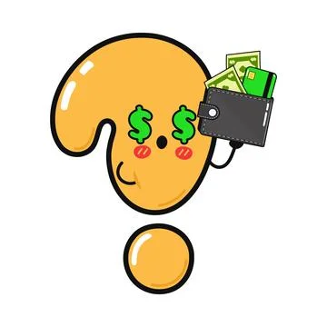 Cute question mark character with dollar signs in eyes and wallet full of cas Stock Illustration