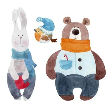 Cute rabbit and bear in a scarf, robin in a hat Illustrazione stock