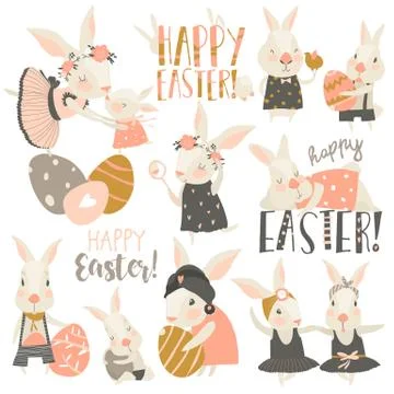 Cute rabbit and bunny with Easter eggs Stock Illustration