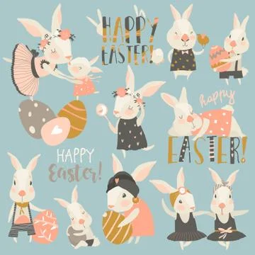 Cute rabbit and bunny with Easter eggs Stock Illustration