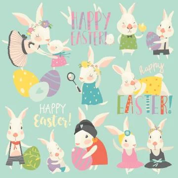 Cute rabbit and bunny with Easter eggs Stock Illustration