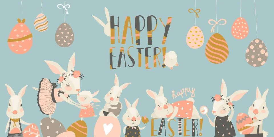 Cute rabbit and bunny with Easter eggs Stock Illustration