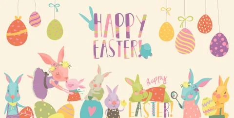 Cute rabbit and bunny with Easter eggs Stock Illustration
