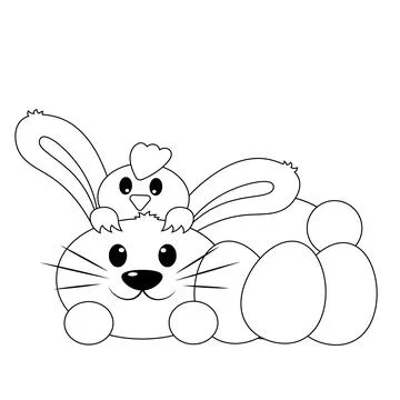 Cute Rabbit and Chicken with Easter egg in black and white Stock Illustration
