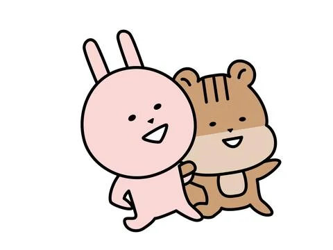 Cute rabbit and squirrel characters walk arm in arm. Stock Illustration