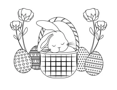 Cute rabbit with basket and eggs of easter Illustrazione stock