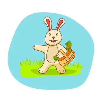 Cute rabbit with a basket in which carrot.Flat illustration vector. Stock Illustration