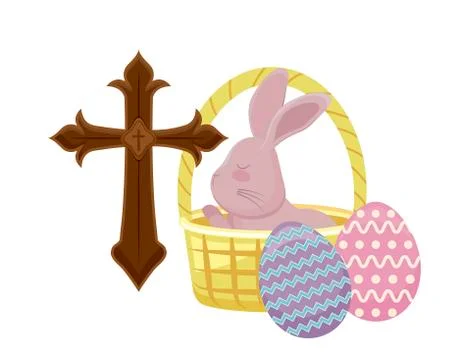 Cute rabbit in basket wicker with catholic cross and eggs of easter Stock Illustration