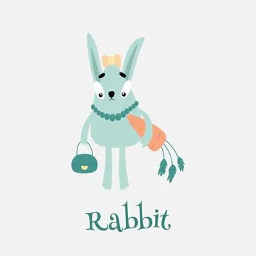 A cute rabbit with big ears, a bow on her head and a handbag in her hands, .. Stock Illustration