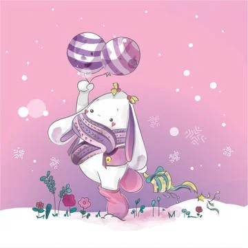 Cute rabbit with Blue Loon christmas day in Watercolor doodle style. Stock Illustration
