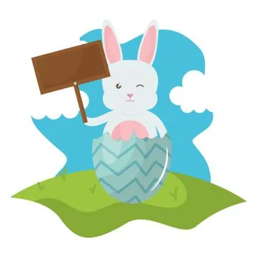 Cute rabbit with broken easter egg painted in the field Stock Illustration
