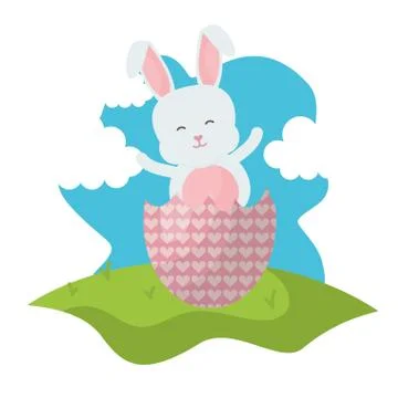 Cute rabbit with broken easter egg painted in the field Stock Illustration
