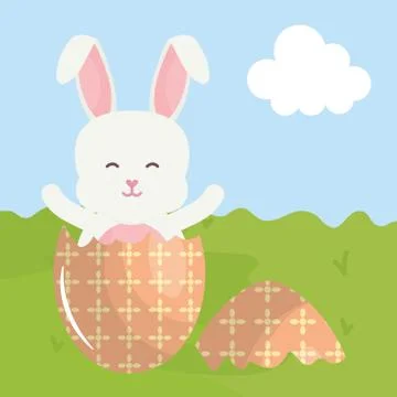 Cute rabbit with broken easter egg painted in the field Stock Illustration