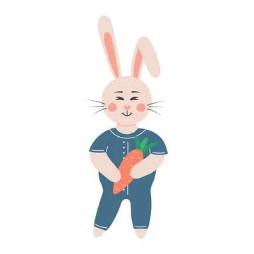 Cute rabbit with carrot. Easter bunny boy in clothes. Cartoon forest characte 스톡 일러스트