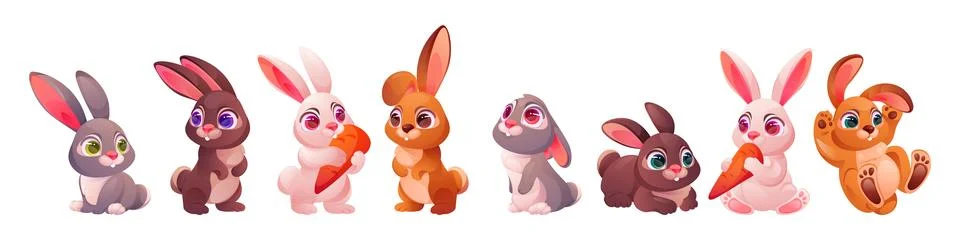 Cute rabbit. Cartoon easter bunny, hare pet characters or farm in different Stock Illustration