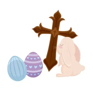 Cute rabbit with catholic cross and eggs of easter Stock Illustration