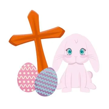 Cute rabbit with catholic cross and eggs of easter Stock Illustration