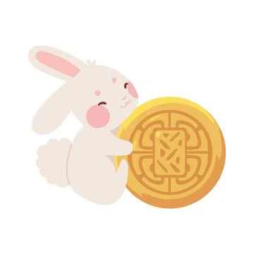 Cute rabbit celebrating the mid autumn moon cake Stock Illustration