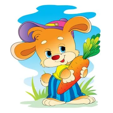 Cute rabbit character in cap and pants holding a big maorch in his hands, vec Stock Illustration