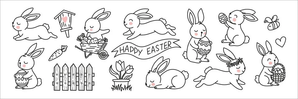 Cute rabbit character doodle set in hand drawn vector style. Happy Easter h.. Stock Illustration