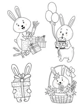 Cute rabbit character set. Easter bunny to basket of flowers, rabbit with gifts Stock Illustration