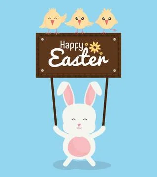 Cute rabbit with chicks and easter label Stock Illustration