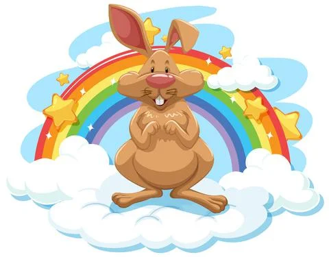 Cute rabbit on the cloud with rainbow Stock Illustration