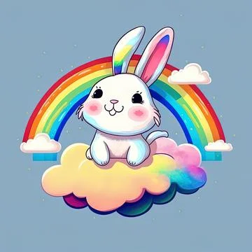 Cute rabbit on the cloud with rainbow Stock Illustration