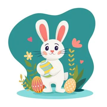 Cute rabbit with colorful eggs surrounded by flowers and leaves Stock Illustration