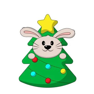 Cute Rabbit in costume Christmas Tree in color Stock Illustration