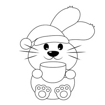 Cute Rabbit with cup coffee. Draw illustration in black and white Stock Illustration