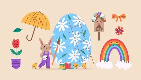 Cute rabbit decorate Easter egg with chicks. Spring set of cute objects. Ve.. Stock Illustration