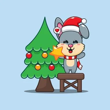 Cute rabbit decorating the Christmas tree on Christmas day. Cartoon vector .. Stock Illustration