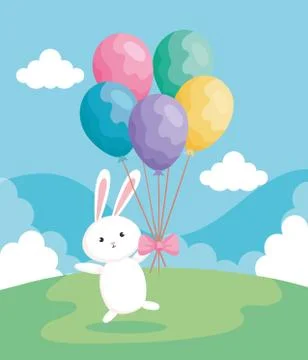 Cute rabbit of easter with balloons helium in landscape Stock Illustration