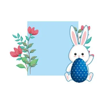Cute rabbit with easter egg painted and square floral frame 스톡 일러스트