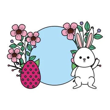 Cute rabbit with easter egg painted and circular floral frame 스톡 일러스트