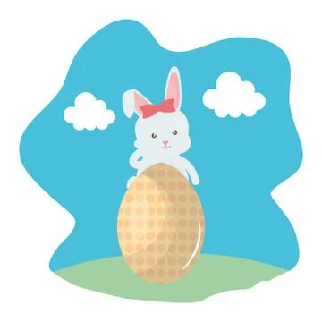 Cute rabbit with easter egg painted in the camp Stock Illustration