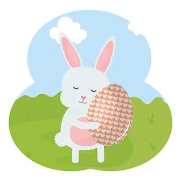 Cute rabbit with easter egg painted in the camp Stock Illustration