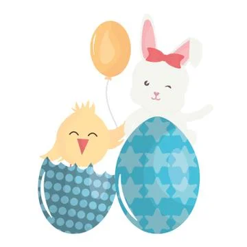 Cute rabbit with easter egg painted and chick Illustrazione stock