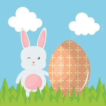 Cute rabbit with easter egg painted in the camp Stock Illustration