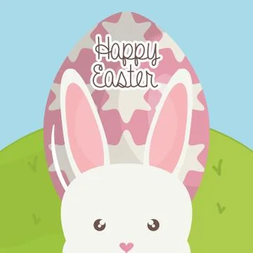 Cute rabbit with easter egg painted in the landscape Illustrazione stock
