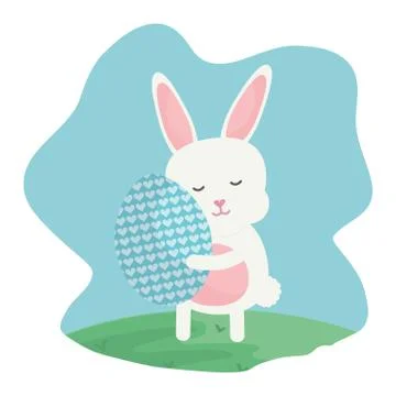 Cute rabbit with easter egg painted in the landscape Illustrazione stock